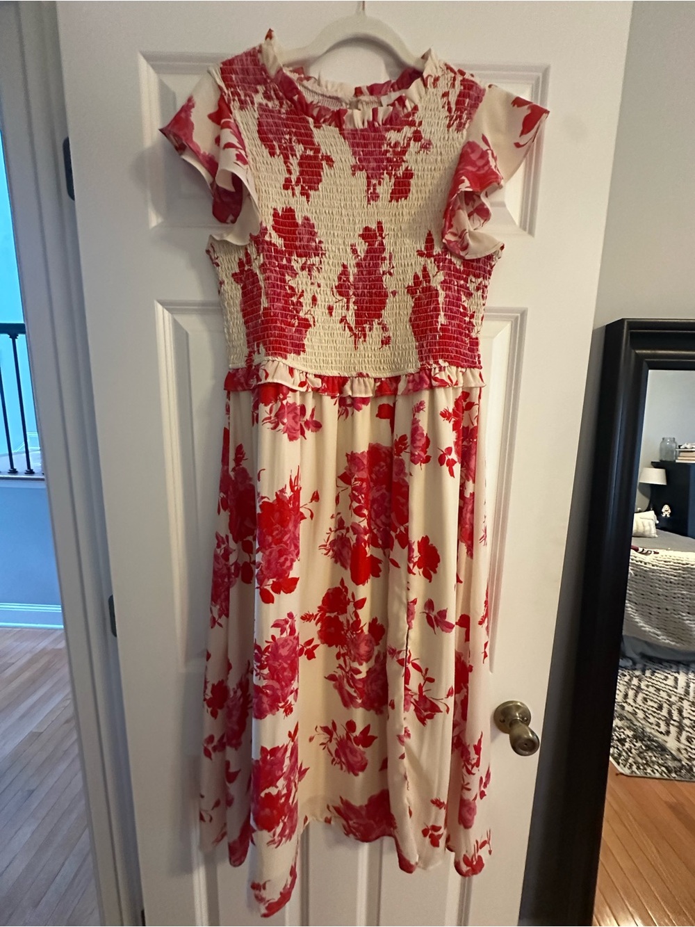Sugarlips Cream Midi Dress with Red Floral Print